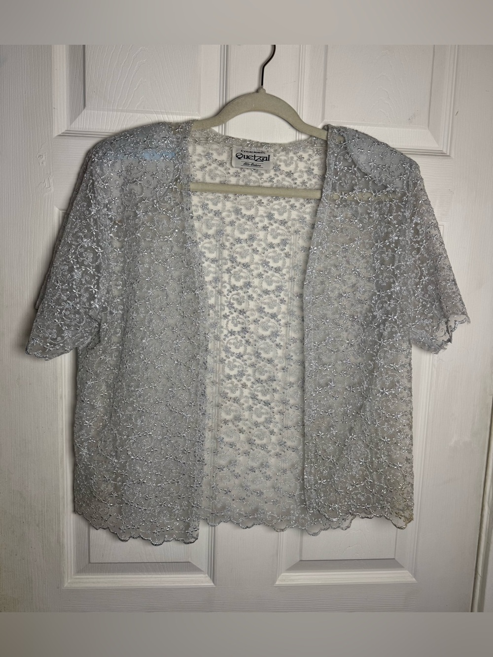 Silver Floral Embroidered Shimmer Open Front Shrug Bolero Cardigan Short Sleeve